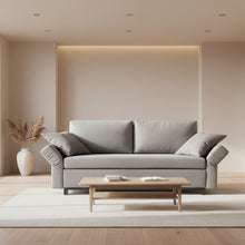 Laden Sie das Bild in den Galerie-Viewer, Signet Nick Schlafsofa 157×209, Stoff Sara, Bügelfuß Buche, Frontansicht, grau, Ambiente