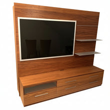 Laden Sie das Bild in den Galerie-Viewer, Moderne Wohnwand Amar aus Nussbaum von AERA Design – schräge Perspektive mit TV-Paneel und Regalstruktur.