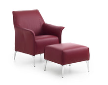 Laden Sie das Bild in den Galerie-Viewer, Leolux Mayuro Sessel mit Hocker in bordeauxrotem Leder, elegantes Set mit Aluminiumfuessen