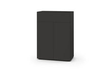 Laden Sie das Bild in den Galerie-Viewer, Freisteller der Piure Nex Pur Box 2041300 in Graphit – stilvolle Kombination aus Türen und Schublade auf schmalem Grundmaß