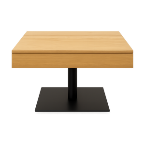 Höhenverstellbarer Design-Couchtisch Ronald Schmitt Lignum K472 mit massiver Wildeiche-Schublade und vertikaler Rillenfräsung, freigestellt für Webshop-Darstellung.