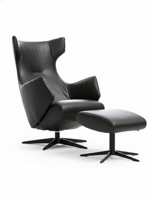 AERA TR-1005 Relaxsessel – Frontansicht in Leder Runner Schwarz, Fuß 32 mit Hocker Senza