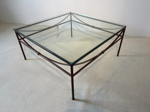Couchtisch Bielefelder Werkstätten Arc T90, Metallgestell LOA Gold Antin mit Messingdetails und Klarglasplatte, Ausstellungsstück im Landhausstil Ansicht von oben