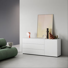 Laden Sie das Bild in den Galerie-Viewer, Piure Nex Pur Box 2023800 in White – Sideboard 180×75×48 cm, 3 Schubladen links, 1 Tür rechts, Mattlack cooler Wohnraum
