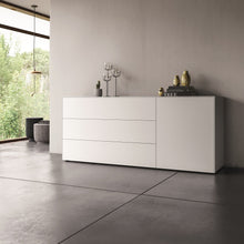 Laden Sie das Bild in den Galerie-Viewer, Piure Nex Pur Box 2023800 in White – Sideboard 180×75×48 cm, 3 Schubladen links, 1 Tür rechts, Mattlack in modernem Wohnambiente

