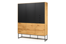 Laden Sie das Bild in den Galerie-Viewer, Scholtissek Geschirrschrank Alleskönner aus massiver astiger Eiche natur geölt mit schwarzen Glastüren und Schubladen, auf Metallgestell, moderne Designmöbel, computergeneriertes Rendering
