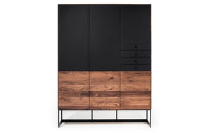 Design Geschirrschrank Alleskönner von Scholtissek aus Nussbaum Massivholz mit schwarzen Glastüren und vier Schubladen, Vorderansicht