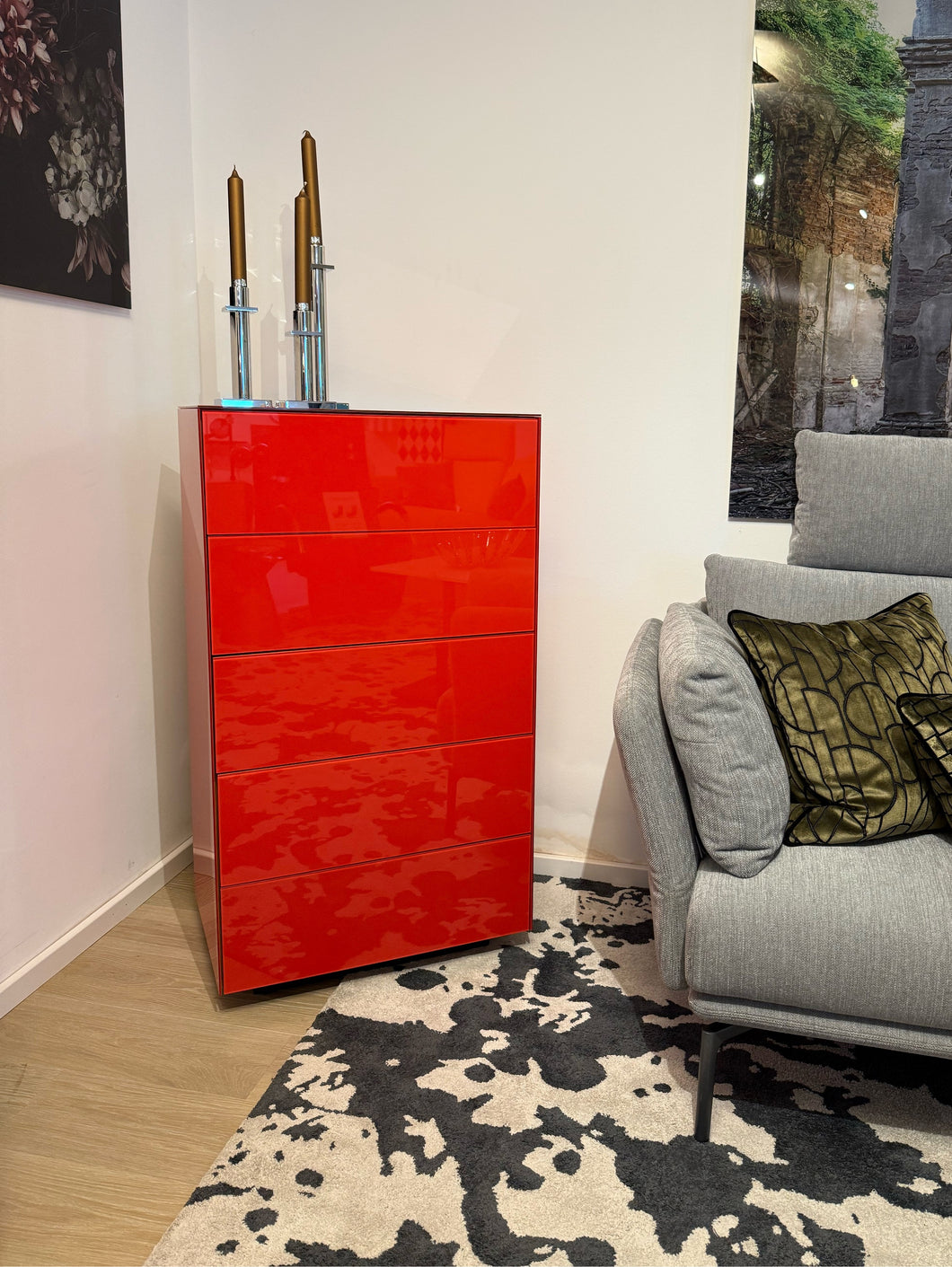 Scholtissek Kommode Novus 5 Schubladen 60 x 110 x 42 cm, Glas rot hochglänzend