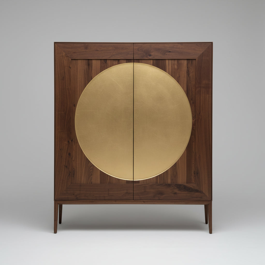 Scholtissek Geschirrschrank Luns Astnuß mit goldener Front als Freisteller