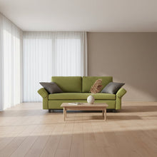 Laden Sie das Bild in den Galerie-Viewer, Signet Nick Schlafsofa 157×209, Stoff Sara, Bügelfuß Buche, Frontansicht grüner Stoff, Ambiente
