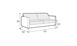 Maßskizze Sits Felix Schlafsofa 3‑Sitzer: B 181 × T 99 × H 88 cm, Sitzhöhe 50 cm