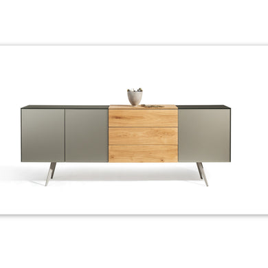Sideboard Scholtissek Talio knorrige Eiche massiv natur geölt, Glas matt Platin 240x90x42cm