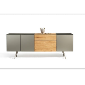 Sideboard Scholtissek Talio knorrige Eiche massiv natur geölt, Glas matt Platin 240x90x42cm