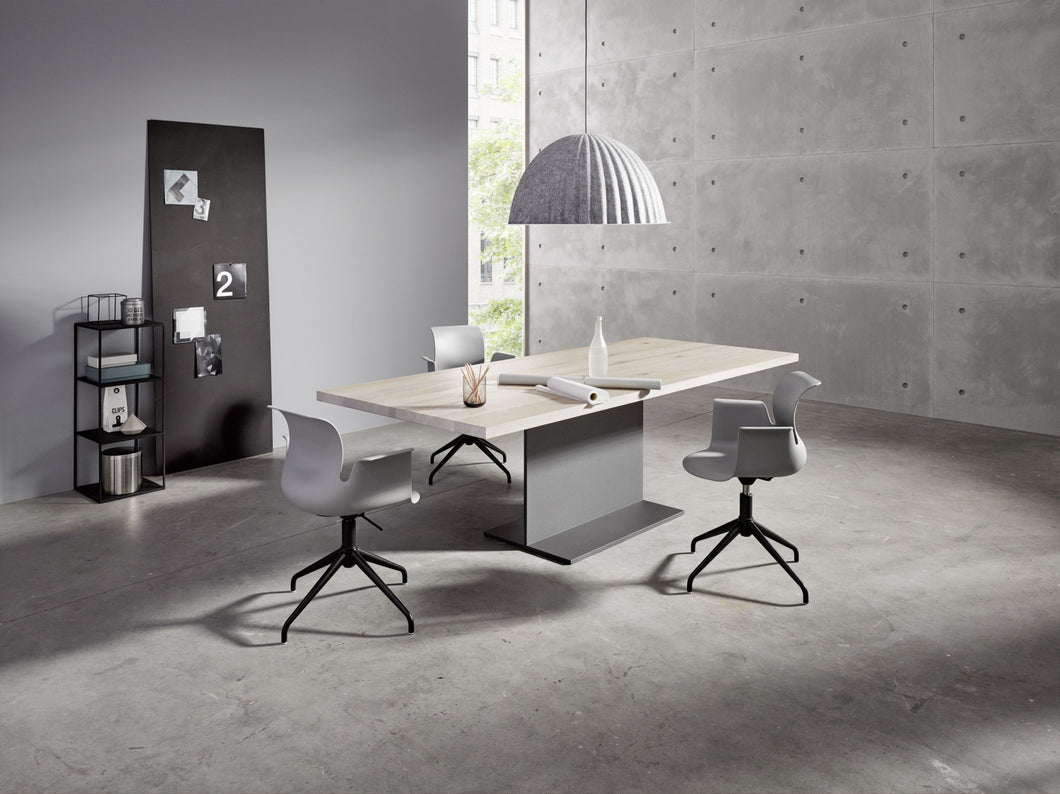 Asco T-Table Säulentisch – Frontansicht, Eiche massiv weiß geölt (Rustical), 200×100 cm