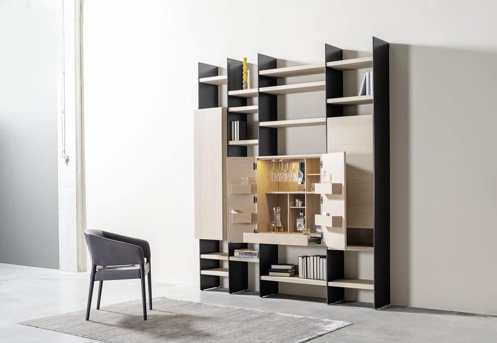 Sudbrock Scala – Bücherregal & Wohnschrank mit Barfach im Wohnambiente, Cosmos-schwarz mit Eiche-milk